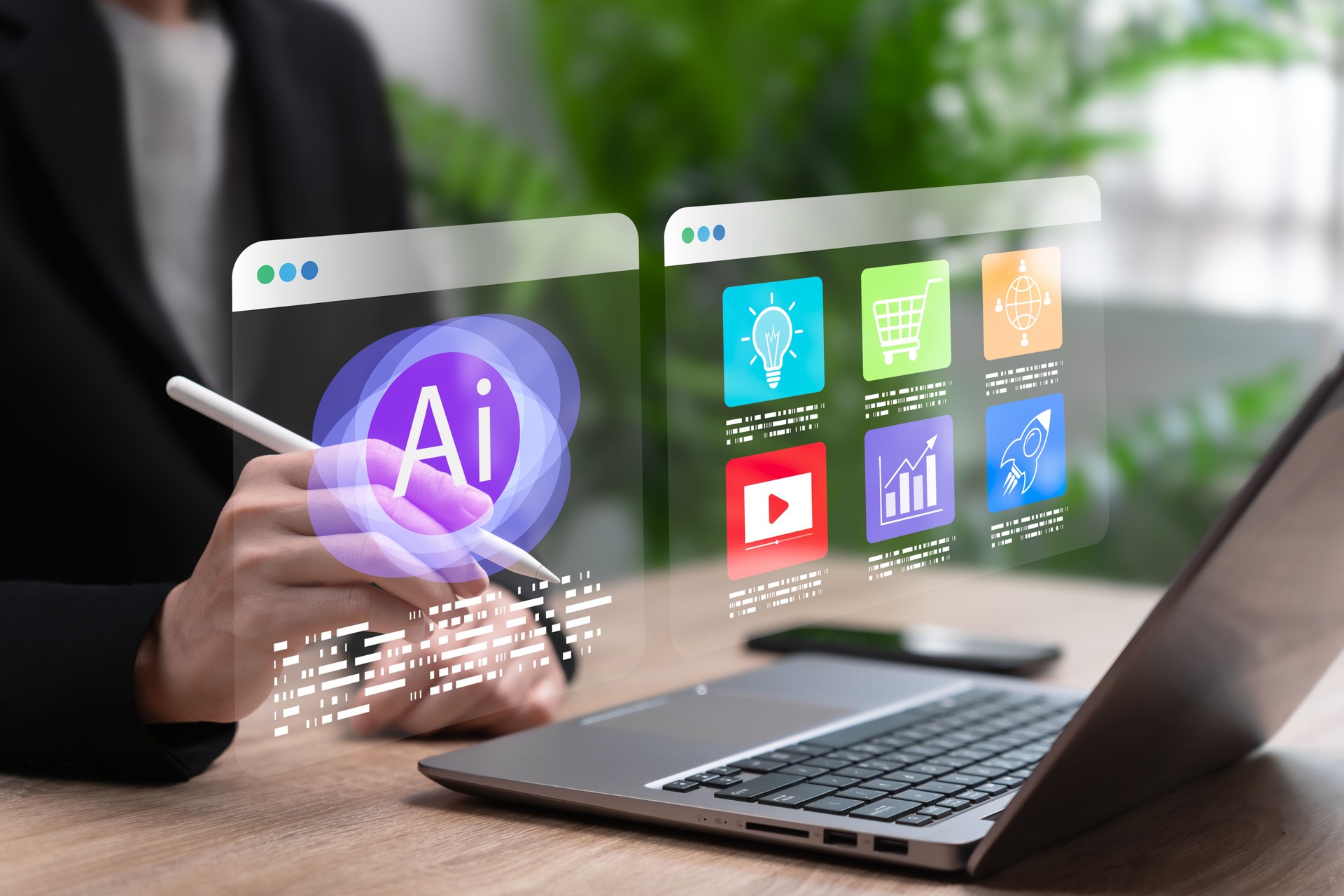 AI-Powered Marketing Development, Businesswomen Coding Artificial Intelligence Software to Enhance Digital Marketing Strategies, Data Analysis, Automation, and Customer Engagement for Business Growth